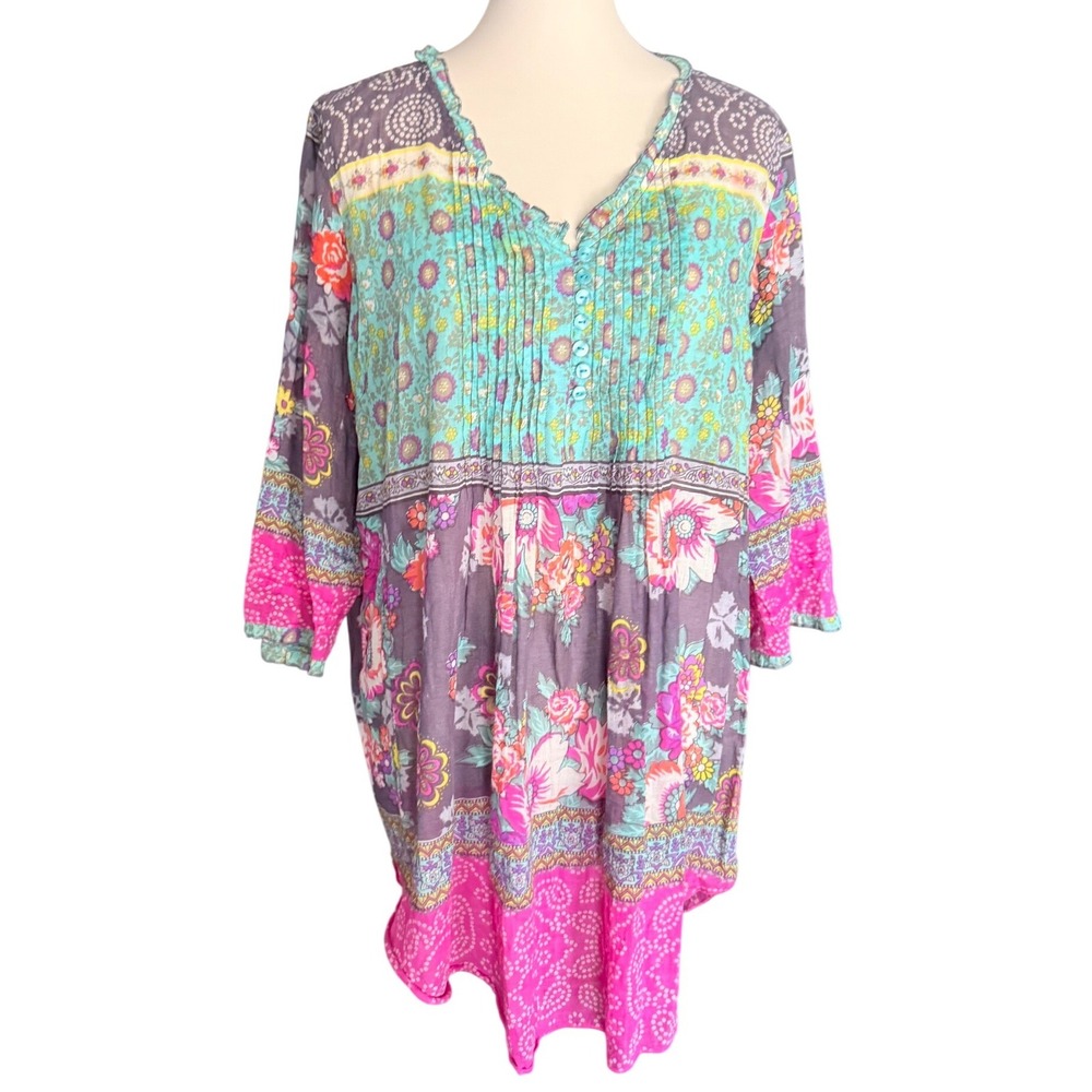 World Market Women Purple Floral Boho Pintuck‎ V-Neck Tunic Top L/XL